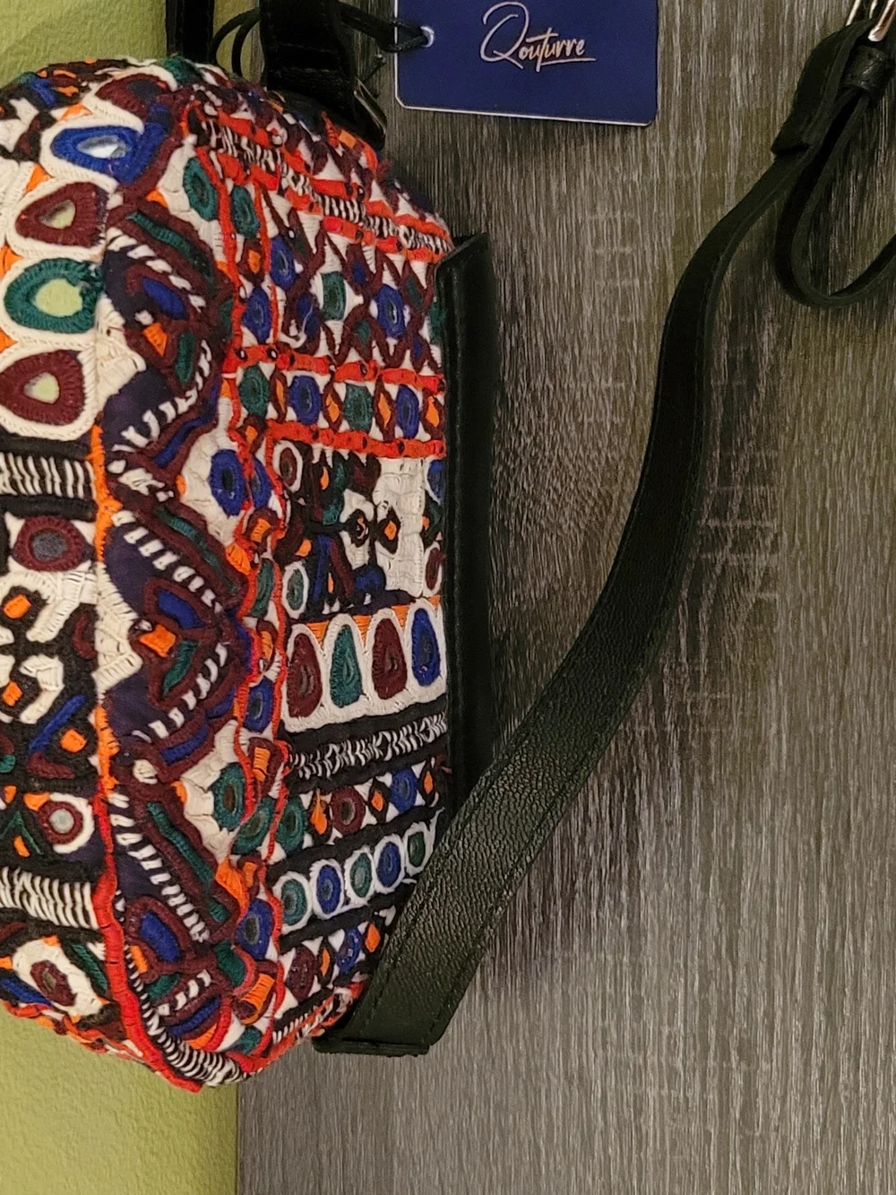 Embroidered Multi-Color Crossbody Bag with Dark Green Flap